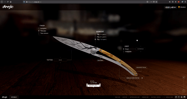 GIF with interactive 3D presentation on website of knife supplier Deejo.