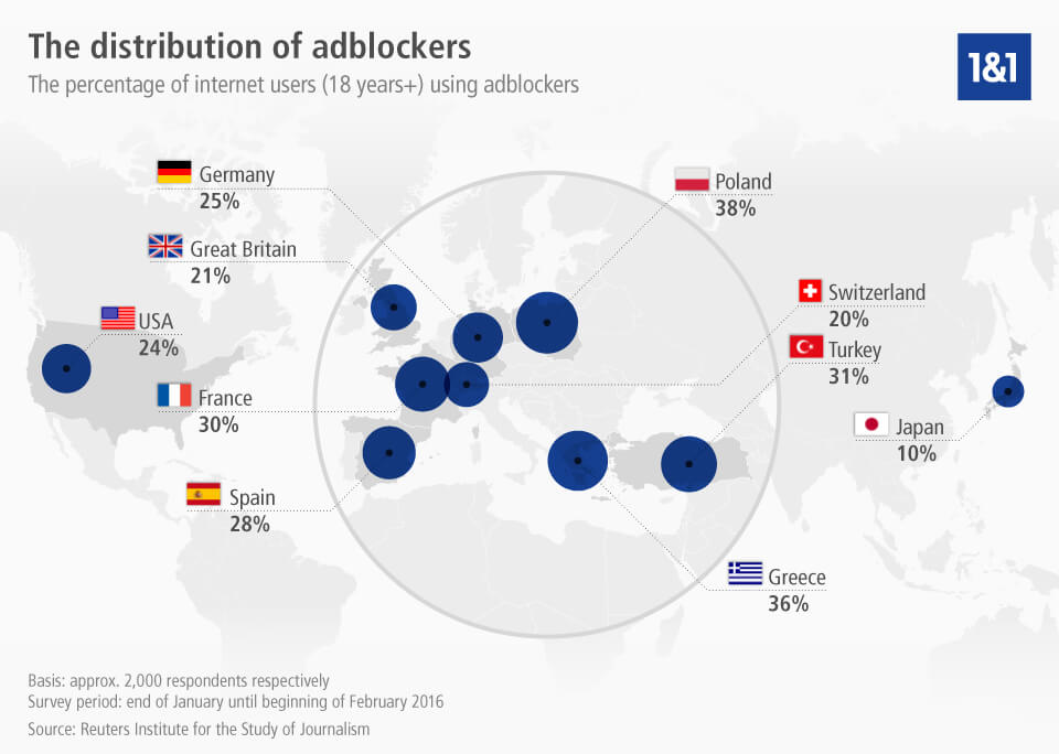 Infographic showing the worldwide distribution of adblockers