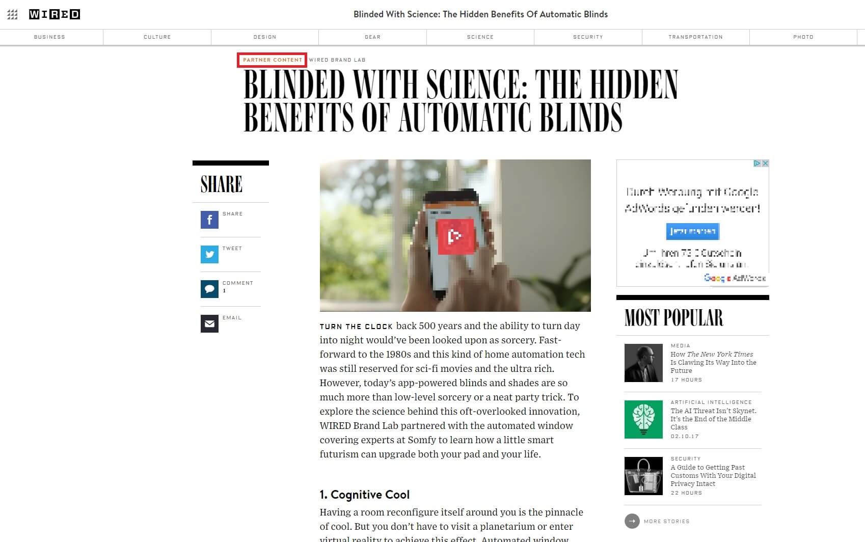 Screenshot of an advertorial on the online magazine Wired