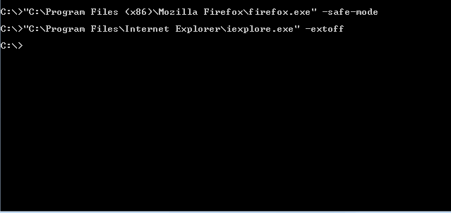 Command Prompt for starting Firefox and Internet Explorer in safe mode