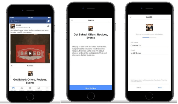 Facebook ad with short ad text, video, and call-to-action, displayed on a smartphone