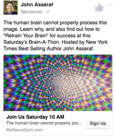 NeuroGym’s Facebook ad which uses a short ad text, picture, and call-to-action, displayed on a smartphone