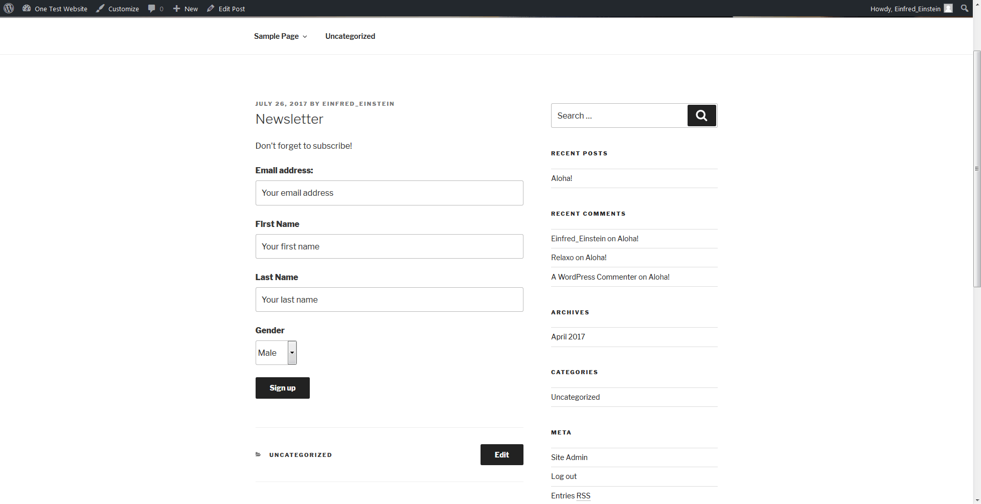 A registration form that has been inserted into a blog post