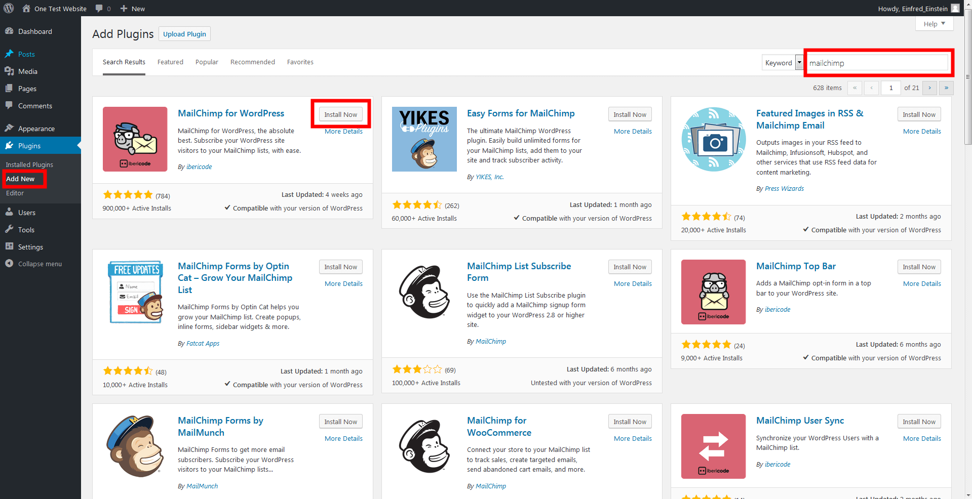 Overview of the plugins available when searching for ‘MailChimp’