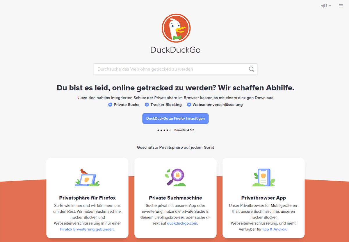 Homepage of DuckDuckGo