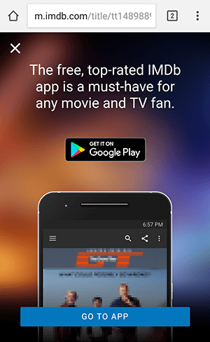 screenshot of an interstitial on imdb.com advertising the related app.