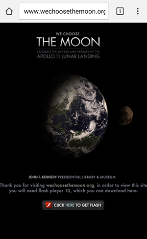 mobile screenshot of a Flash-based website commemorating the first moon landing