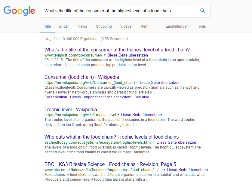 Google search results for the phrase 'What’s the title of the consumer at the highest level of a food chain'