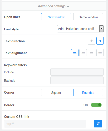 FeedWind menu: Advanced settings