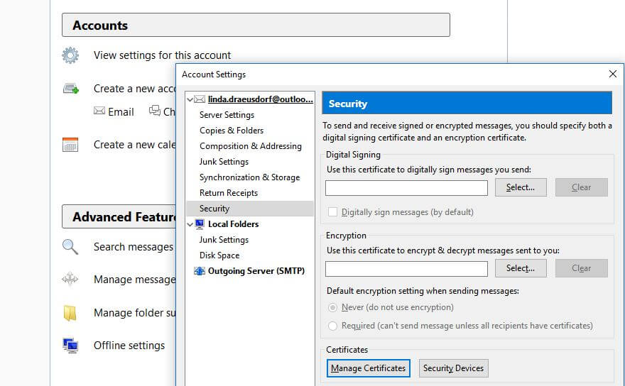 Mozilla Thunderbird: security settings