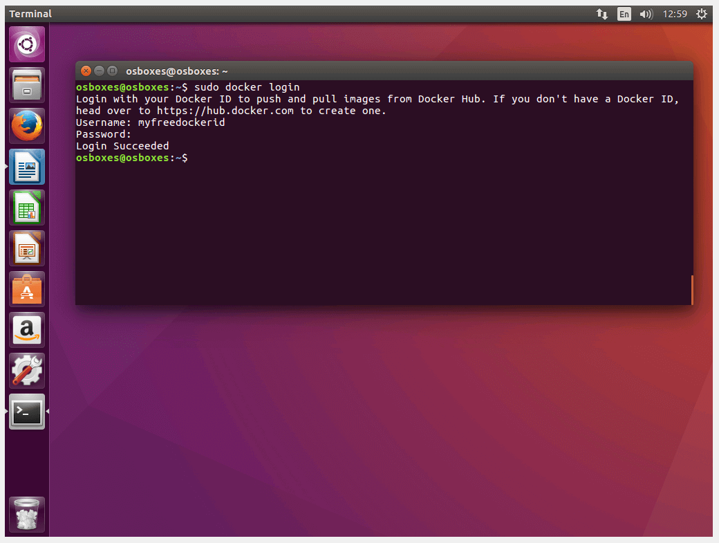 Log in to the Docker hub via the Ubuntu terminal