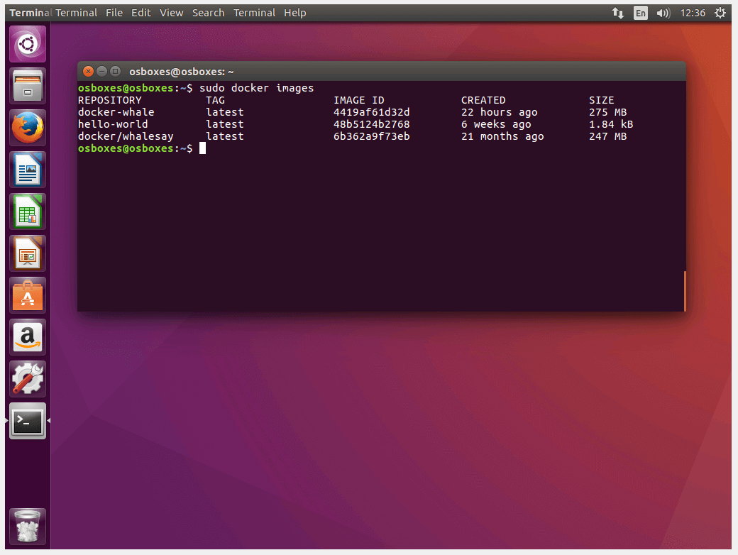 Overview of all local images in the Ubuntu terminal