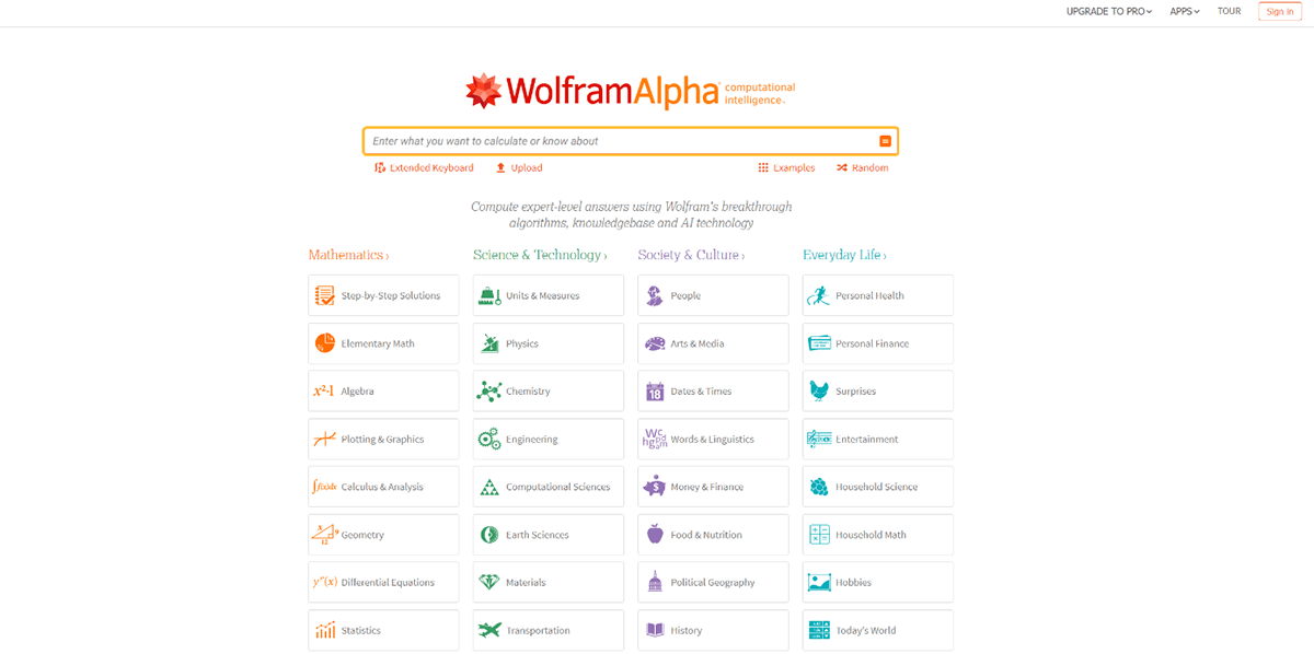 Homepage of WolframAlpha
