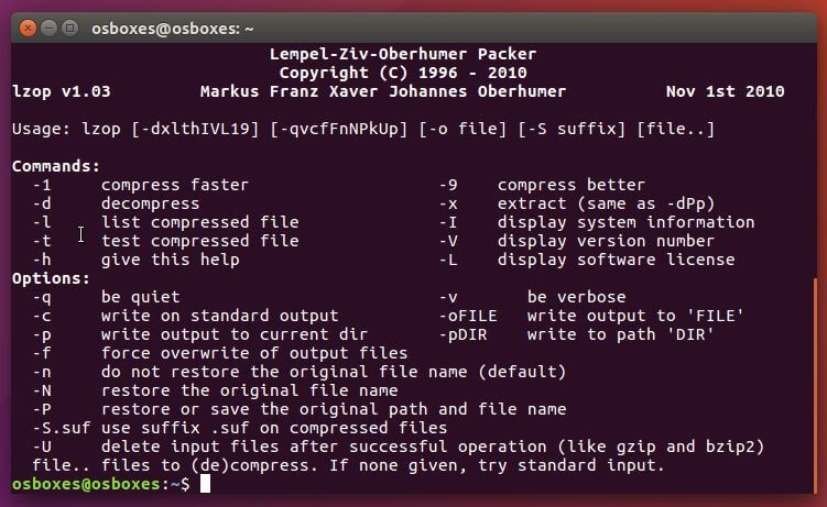 Ubuntu terminal: lzop overview menu
