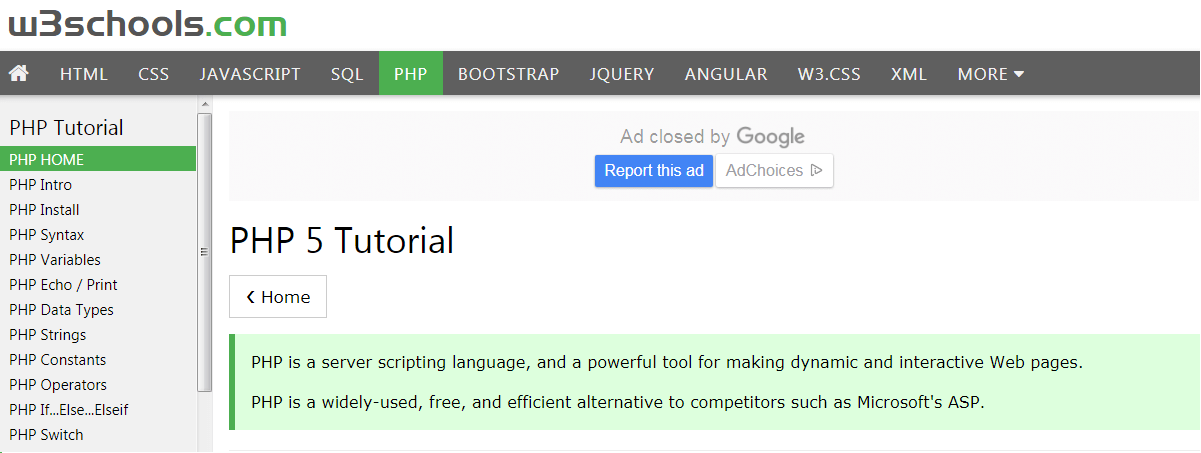 Screenshot of the Website “https://www.w3schools.com/php/default.asp” with the Home category