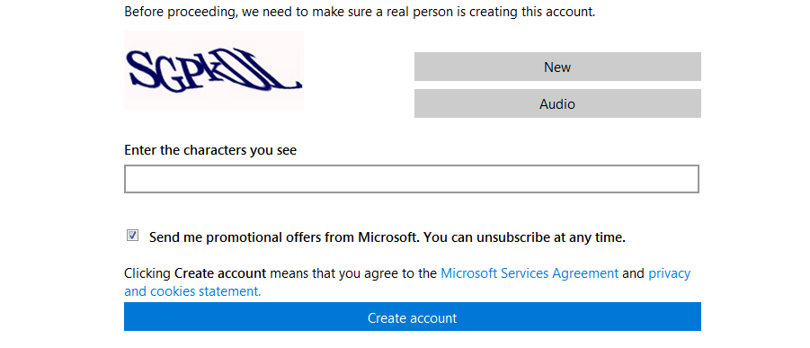Text-based captcha for creating a Microsoft account