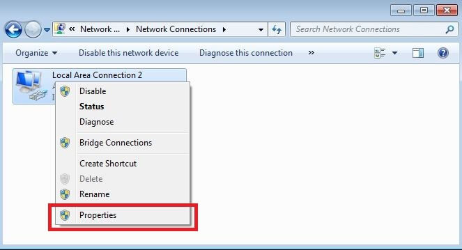 Window with an overview of available LAN connections