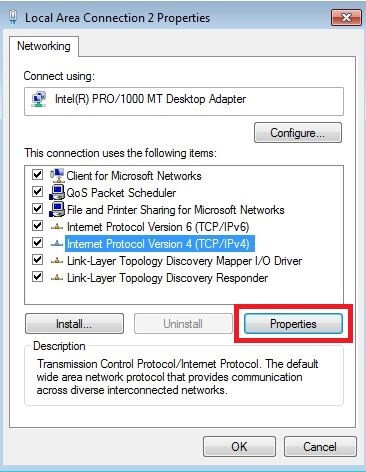 Windows 7 menu for the LAN properties