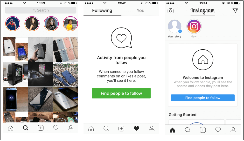 Private photo collection, the following feed and an empty Instagram homepage