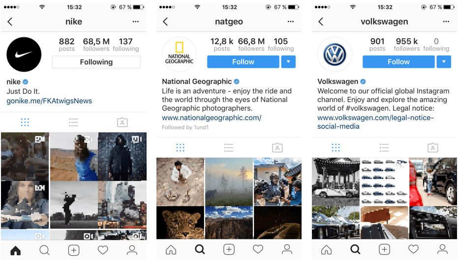 Official Instagram page for Nike, National Geographic and Volkswagen