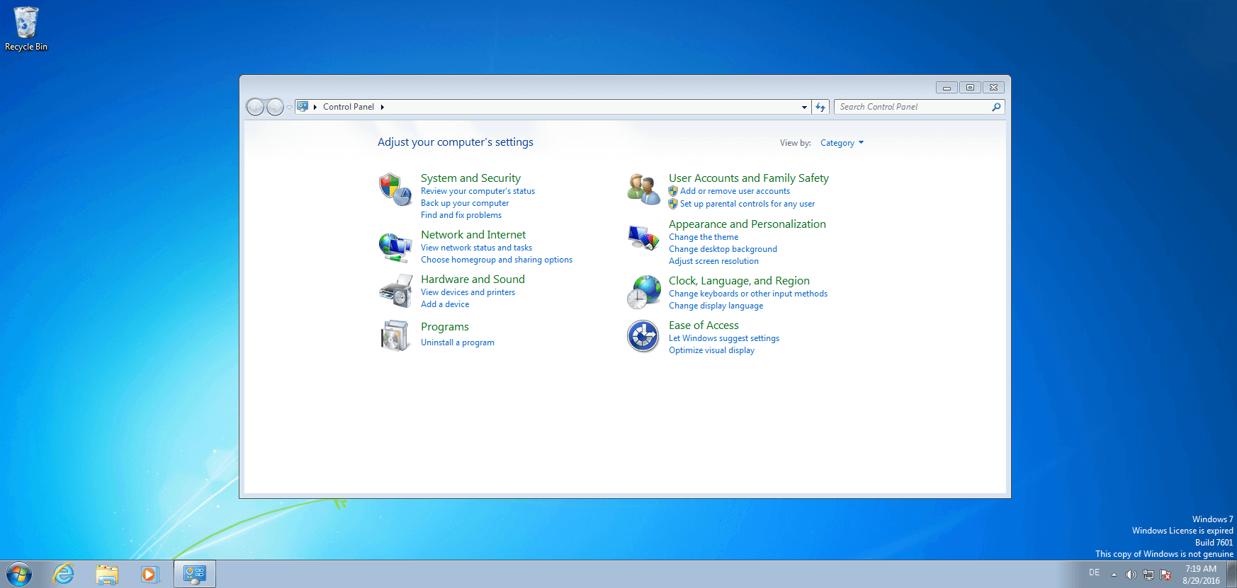 The Windows system settings