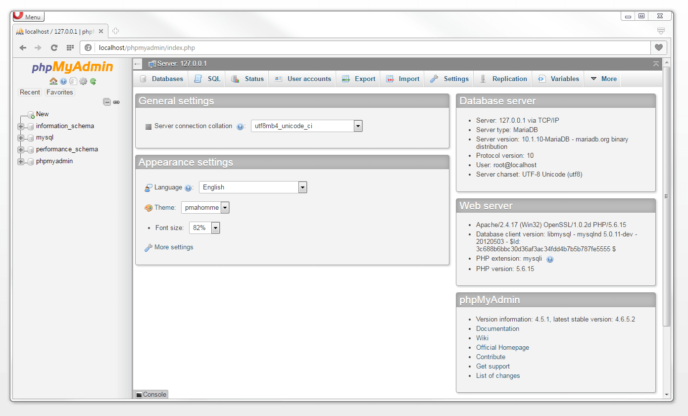Homepage of the MySQL administration software phpMyAdmin
