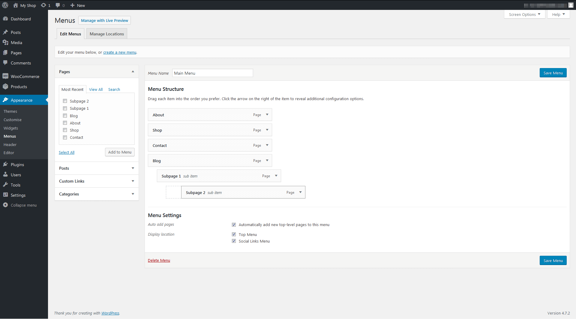 WooCommerce plugin: settings for the menu structure