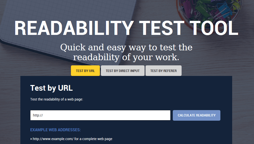 Screenshot of the Readability Test Tool website