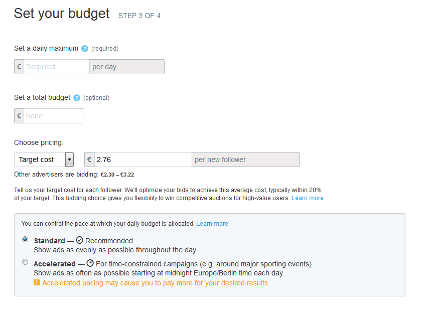 Screenshot of the ‘Set your budget’ by the creation of a campaign with Twitter Ads