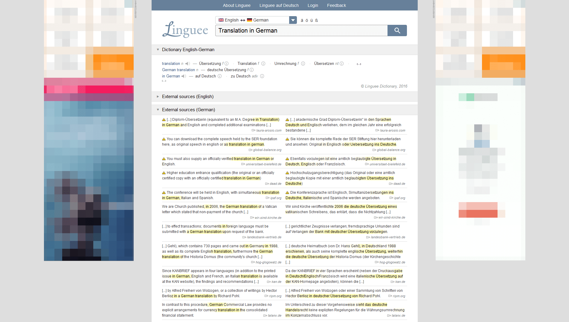 The Linguee results page with search engine matches