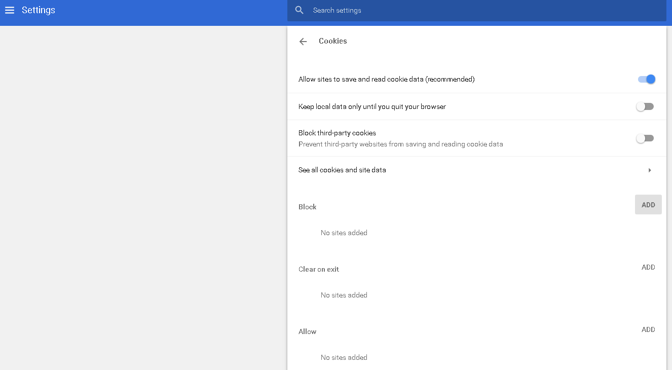 Google Chrome cookie settings menu
