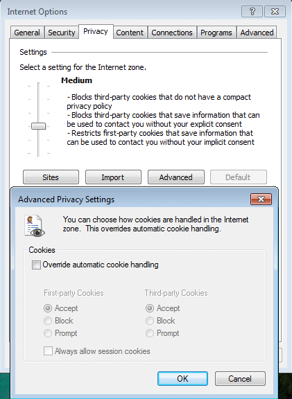 Advanced menu for Internet Explorer cookie settings