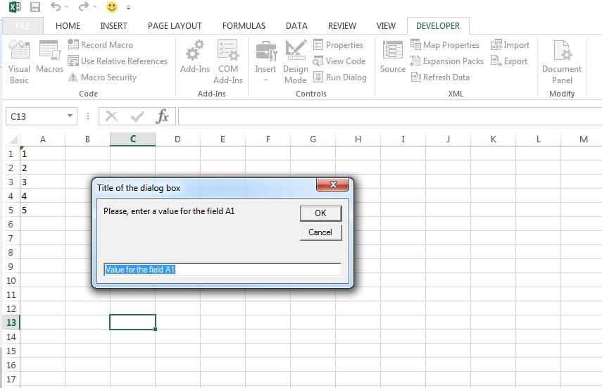Macro-generated example dialog box for data input in Excel