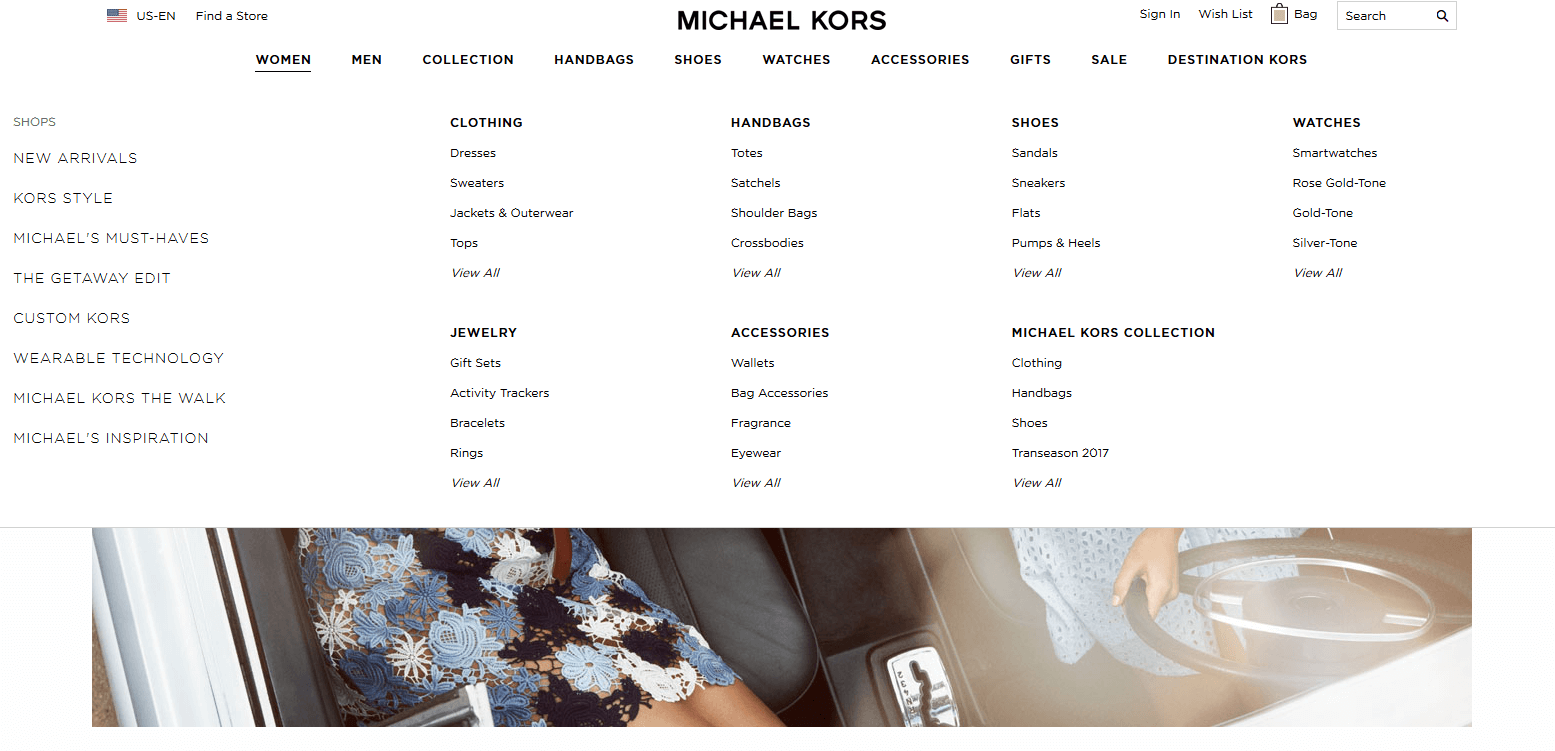 screenshot of a drop down menu on michaelkors.com