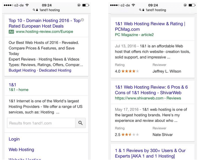 Google’s mobile search with ad displays (left) and standard results (right)