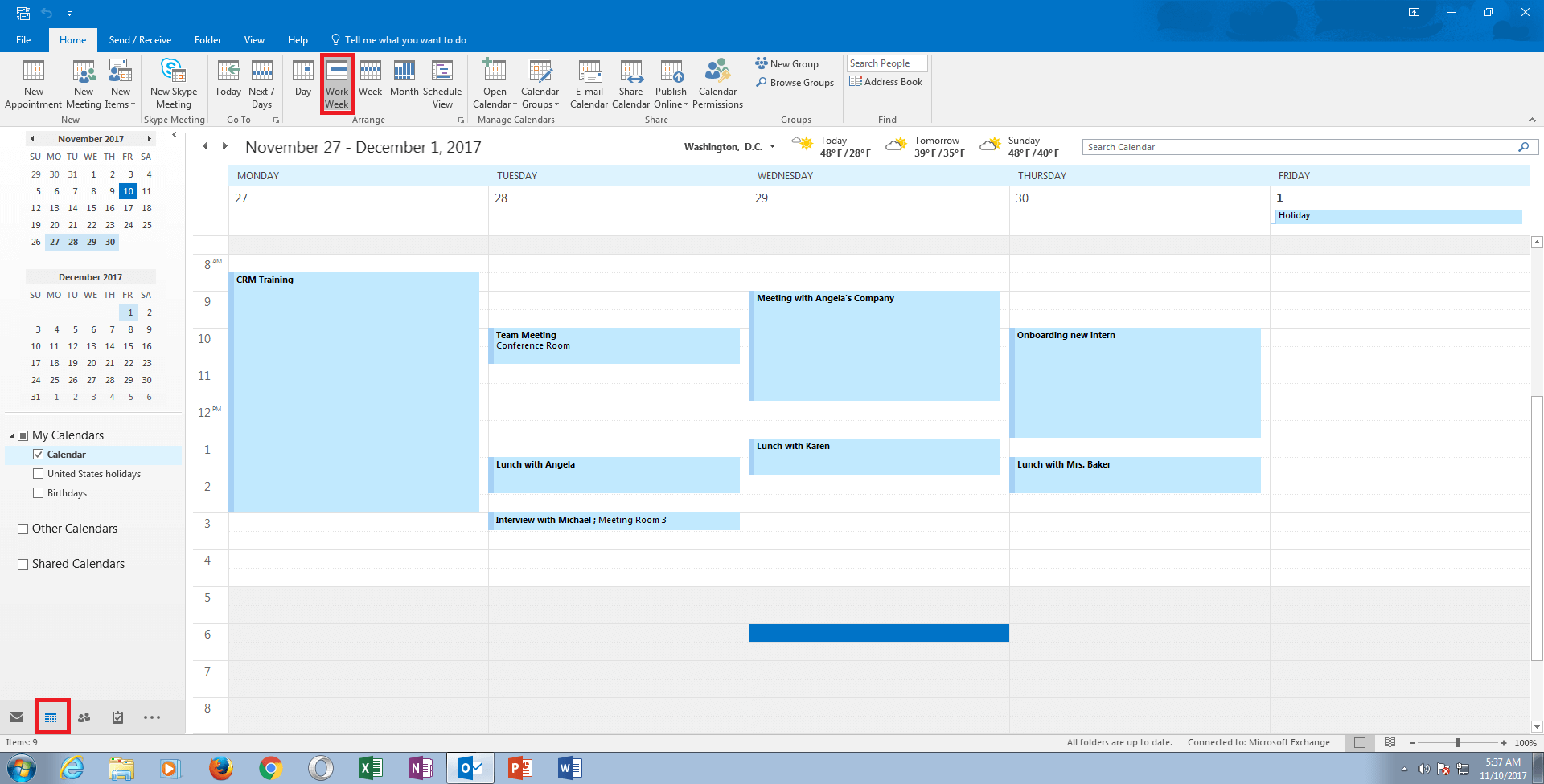 Outlook: Calendar view for one working week