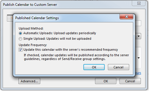 Outlook window: published calendar settings