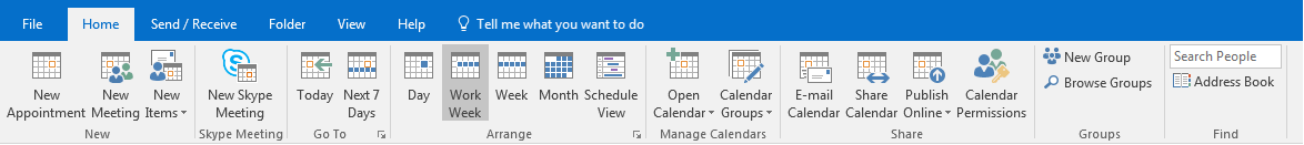 Microsoft Outlook: View of the calendar toolbar in the “Start” tab.