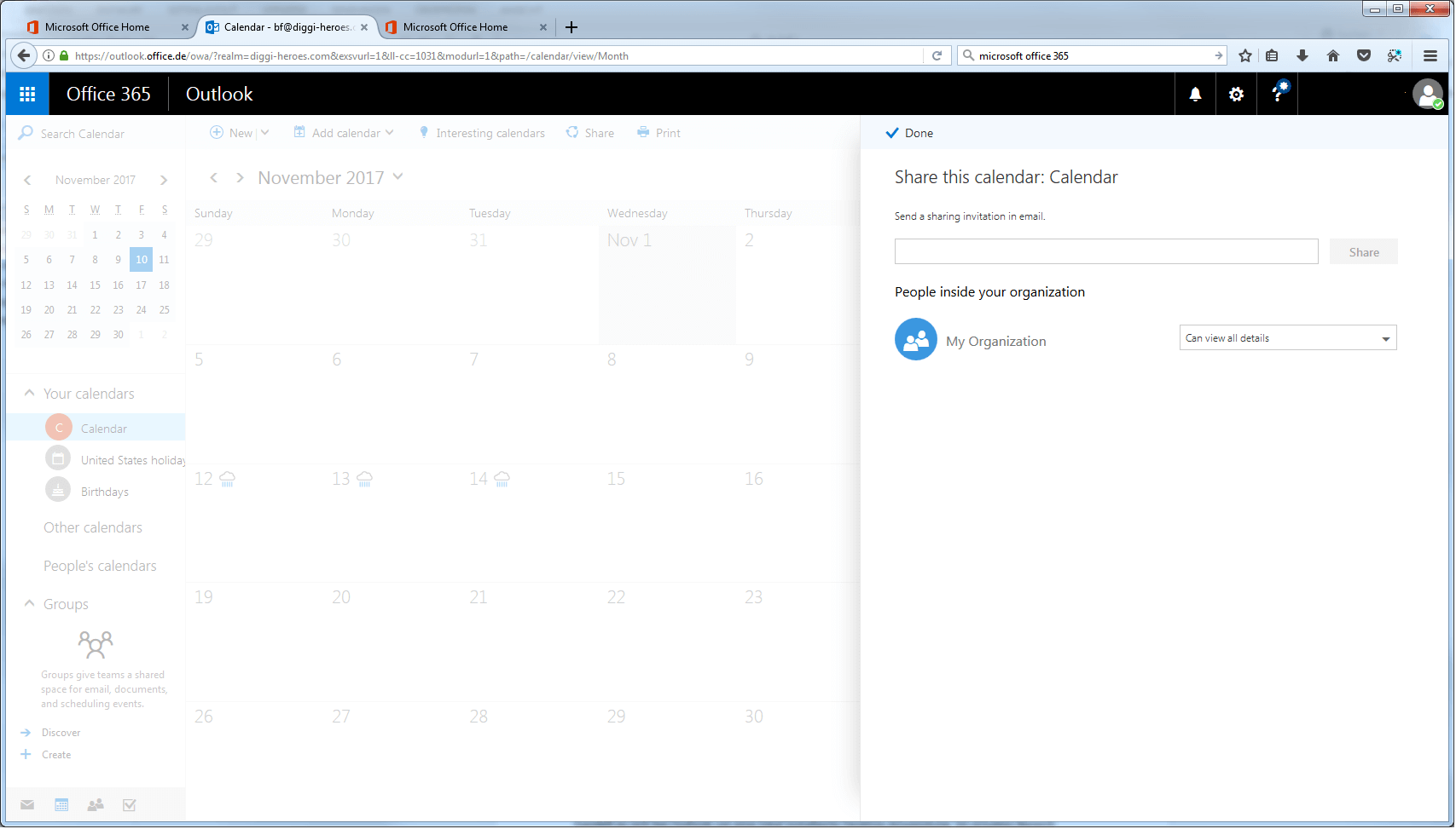 Microsoft 365: calendar app sharing options.