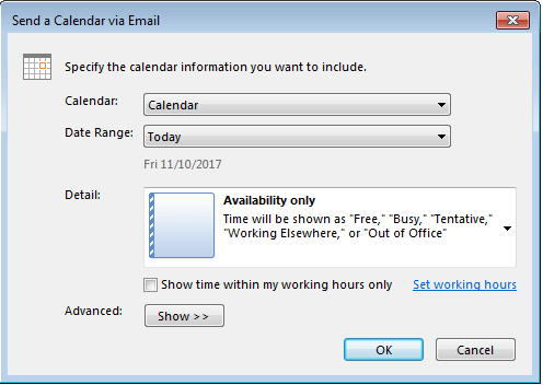 Outlook: Dialog box “Send Calendar via Email”.