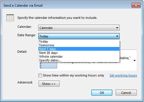 Timing options in the “Send Calendar via Email” dialog box.