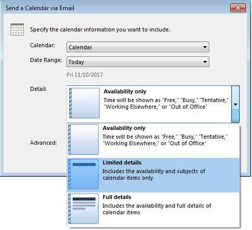 Outlook: Select your preferred level of detail in the “Send Calendar via Email” dialog box.
