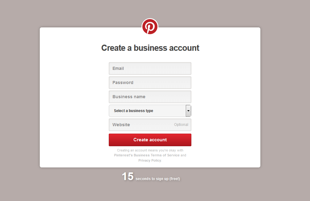 Homepage: set up a business account with Pinterest