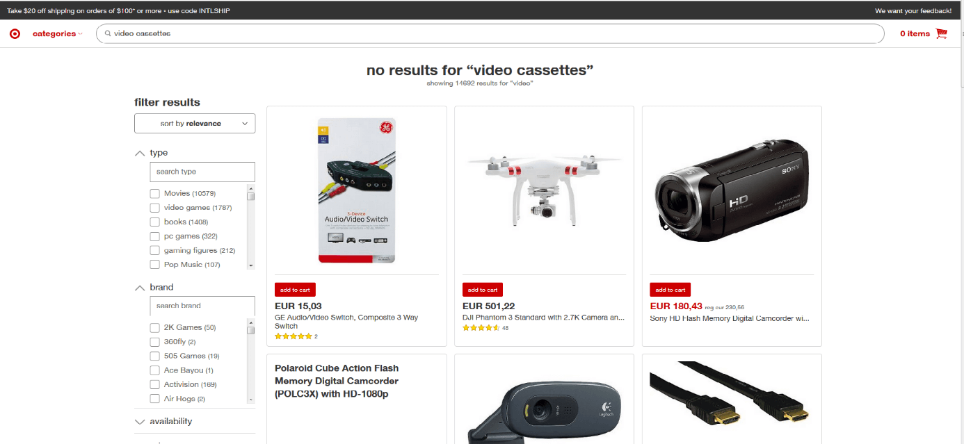 Screenshot of a search for ‘video cassettes’ on the Target online shop