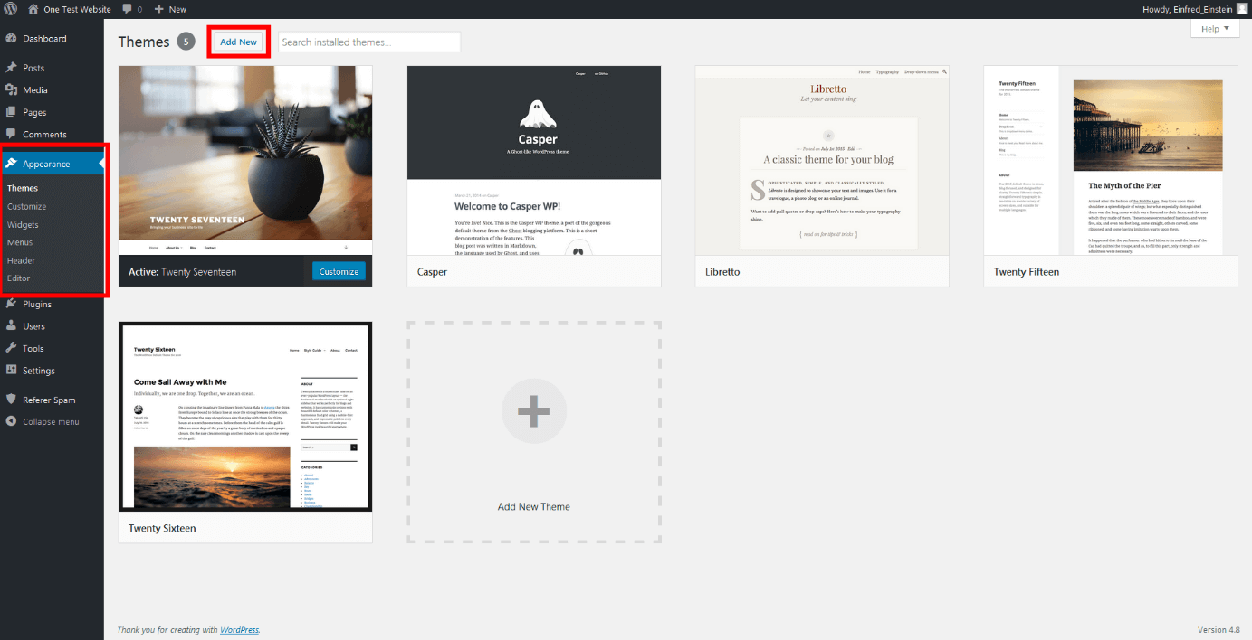 Design section of the WordPress dashboard.