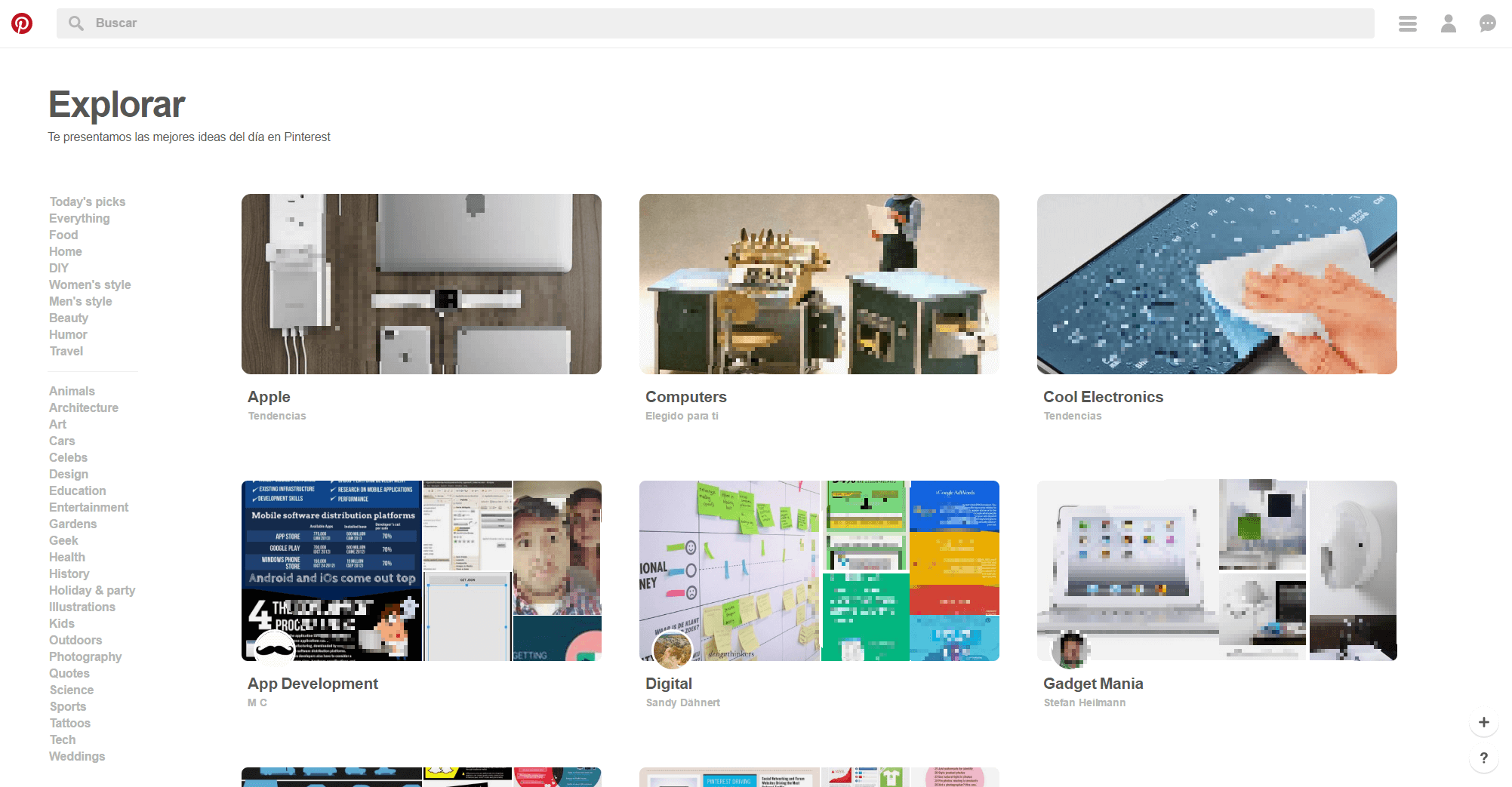 Captura de pantalla de la sección para explorar tus intereses en Pinterest
