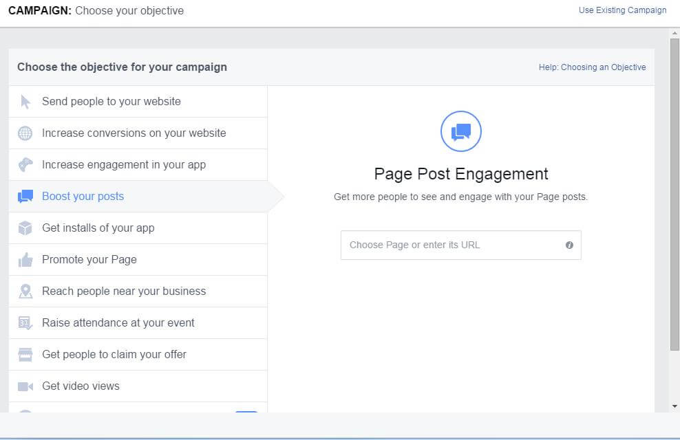 Select the objective for your Facebook campaign