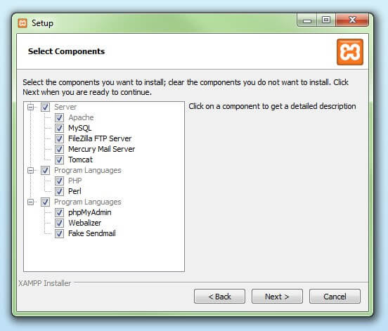 Dialog window for selecting software components