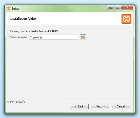 Dialog window for selecting the XAMPP installation folder