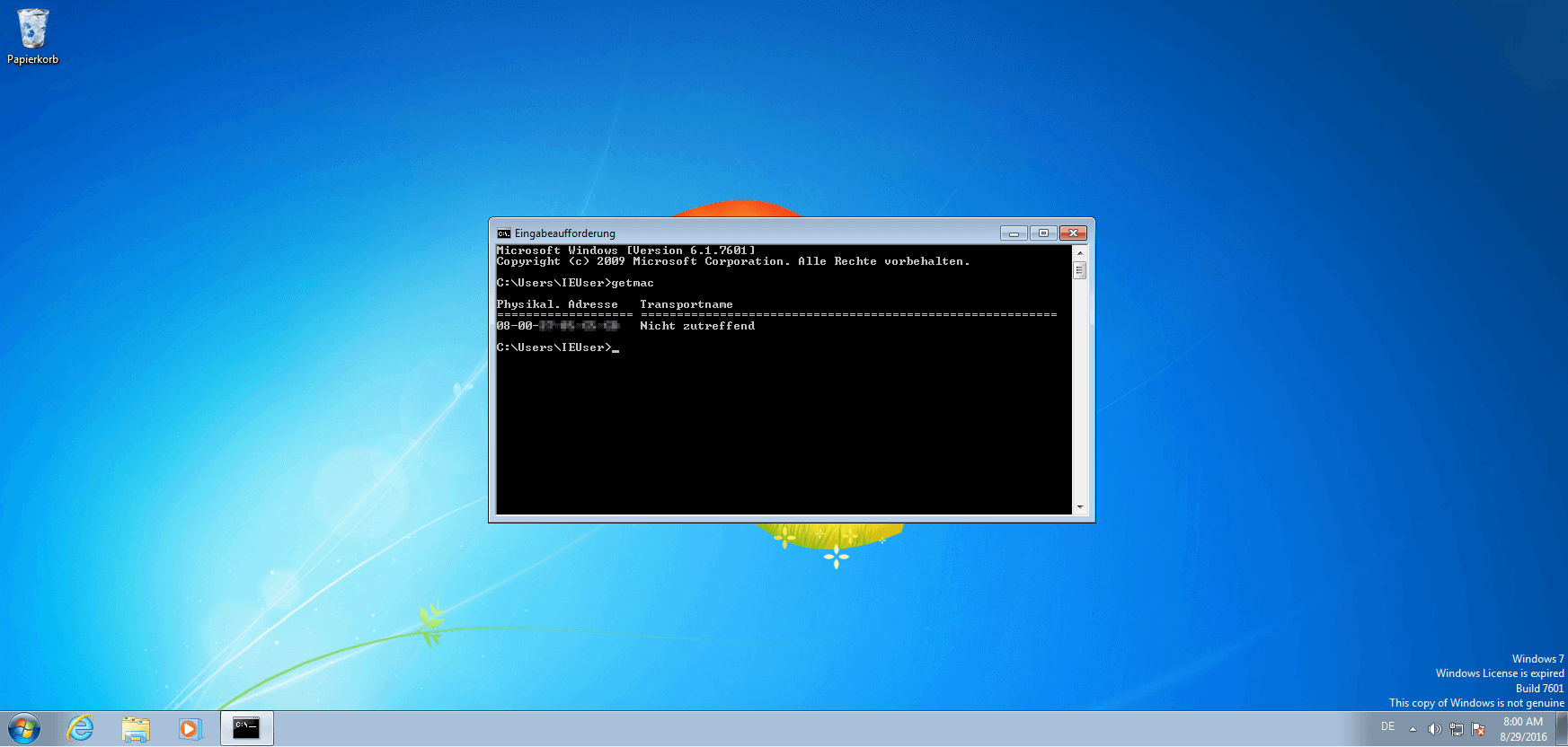 The command “getmac” displays the hardware address of the network card